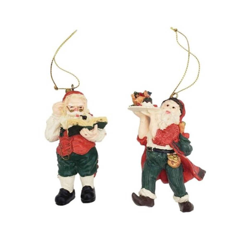 VTG Christmas Ornaments 2pc Resin Santa‎ Claus Toy Shop Chef Reading Book 3"